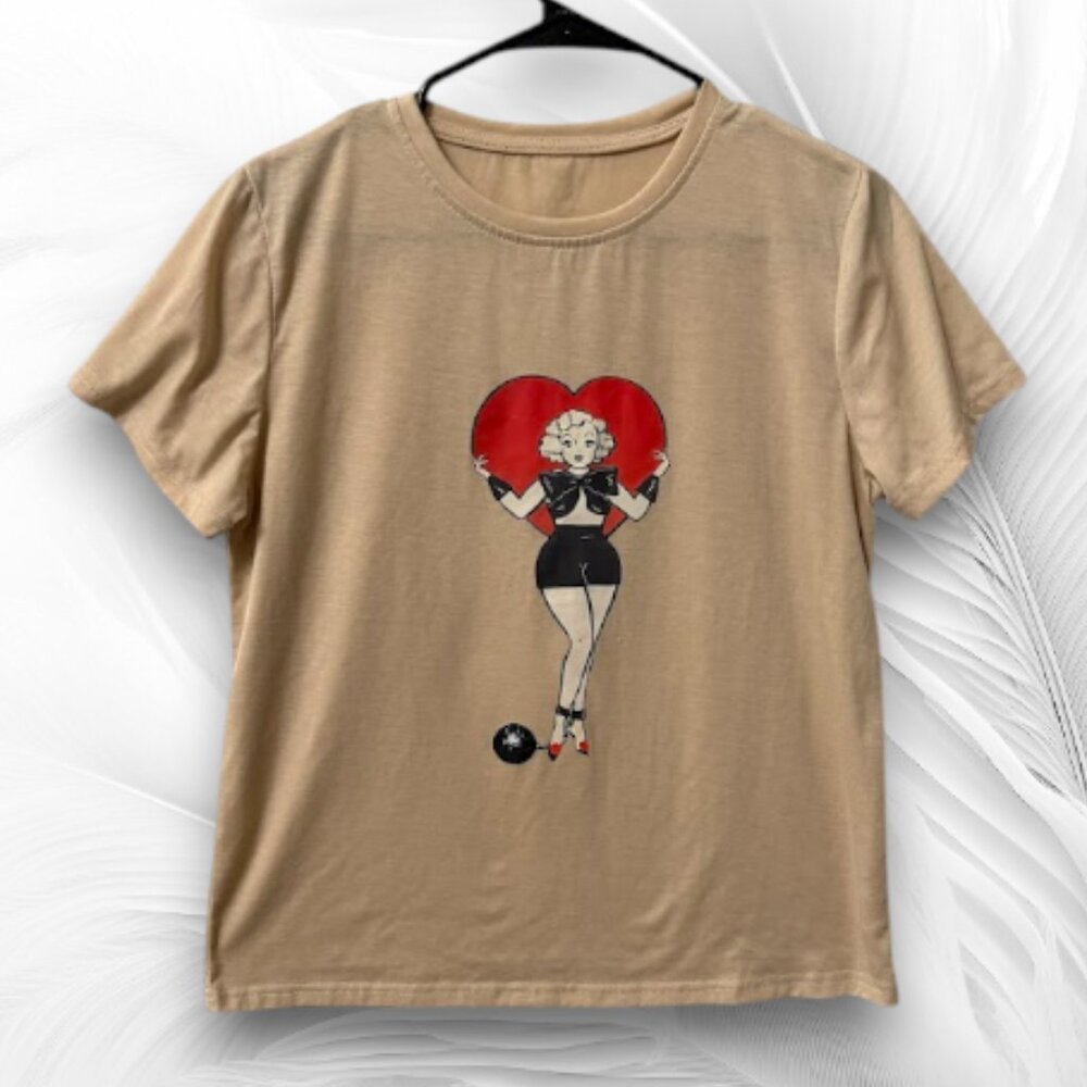 SHEIN Beige Graphic T Shirt Betty Style Print Size M
